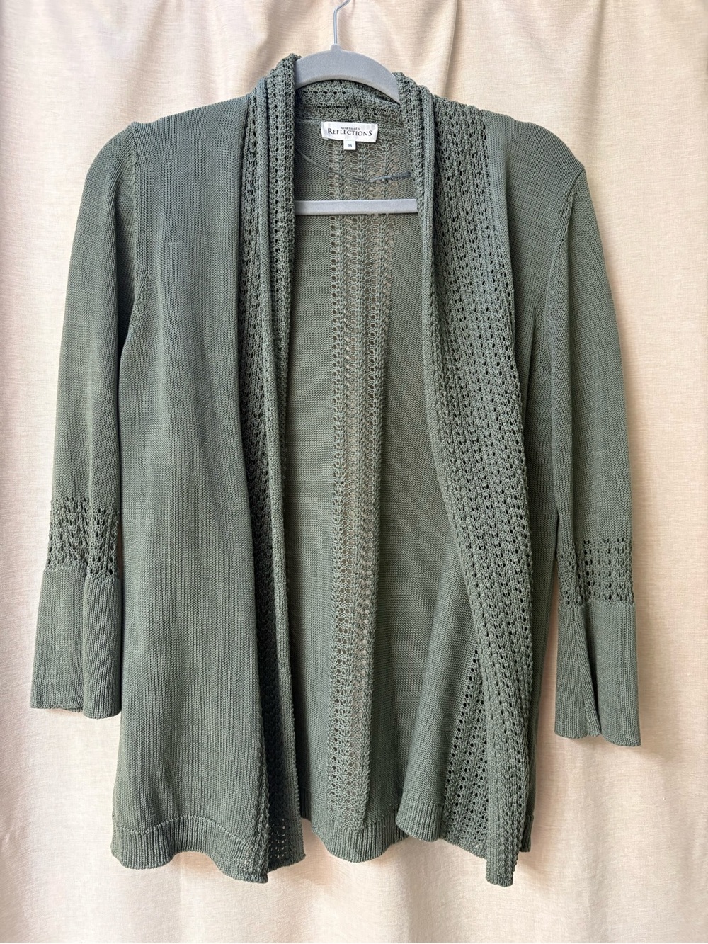 Northern Reflections Olive Open-Front Knit Cardigan with Textured Trim